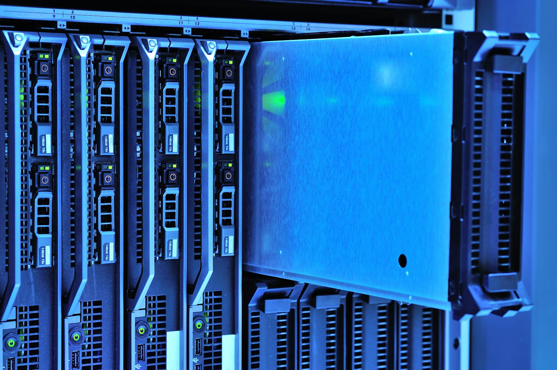 Modern server infrastructure with blue LED lighting representing cloud platform